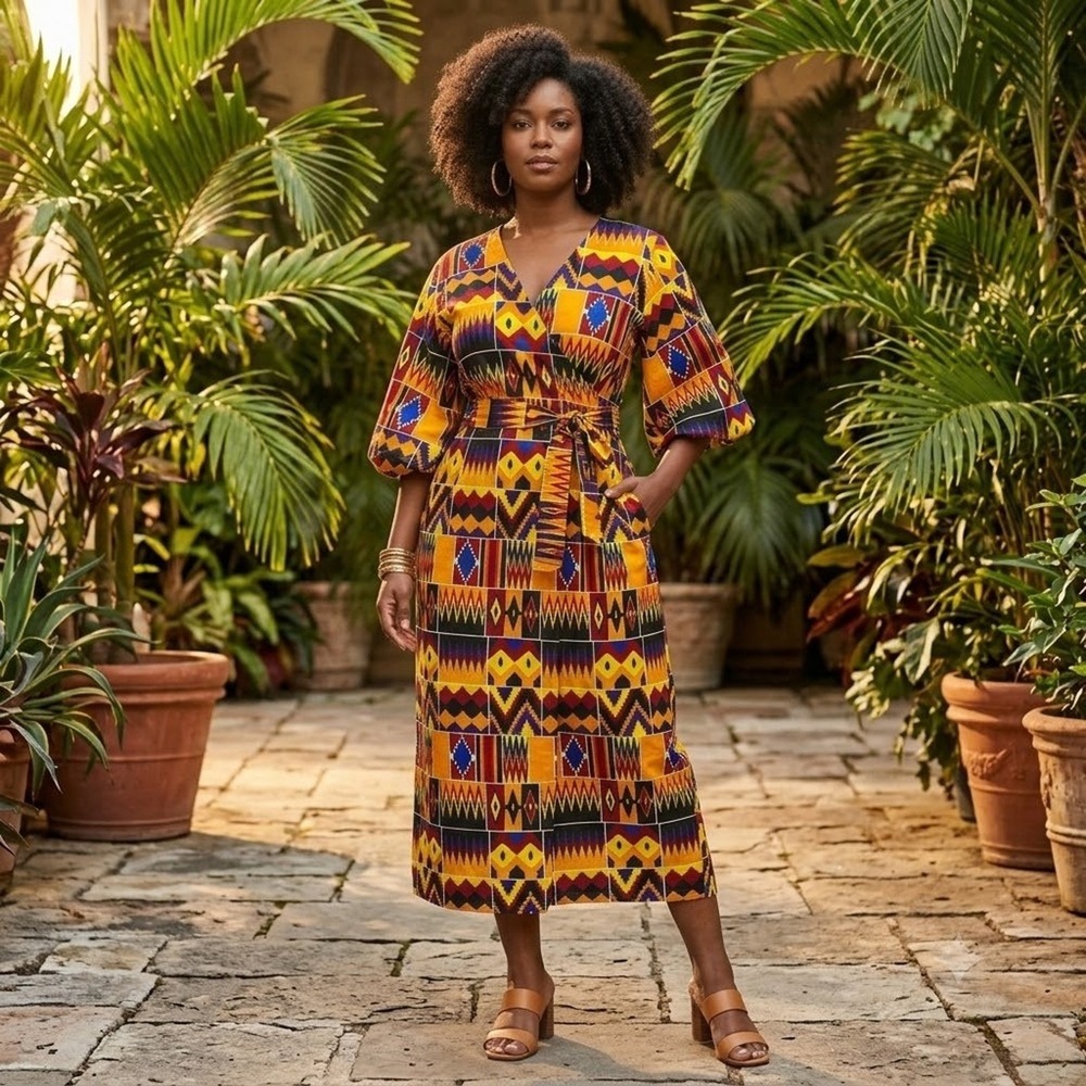 Vintage ABCWax African Wax Print Ankara Maxi Dress Womens 3x Flutter Sleeve